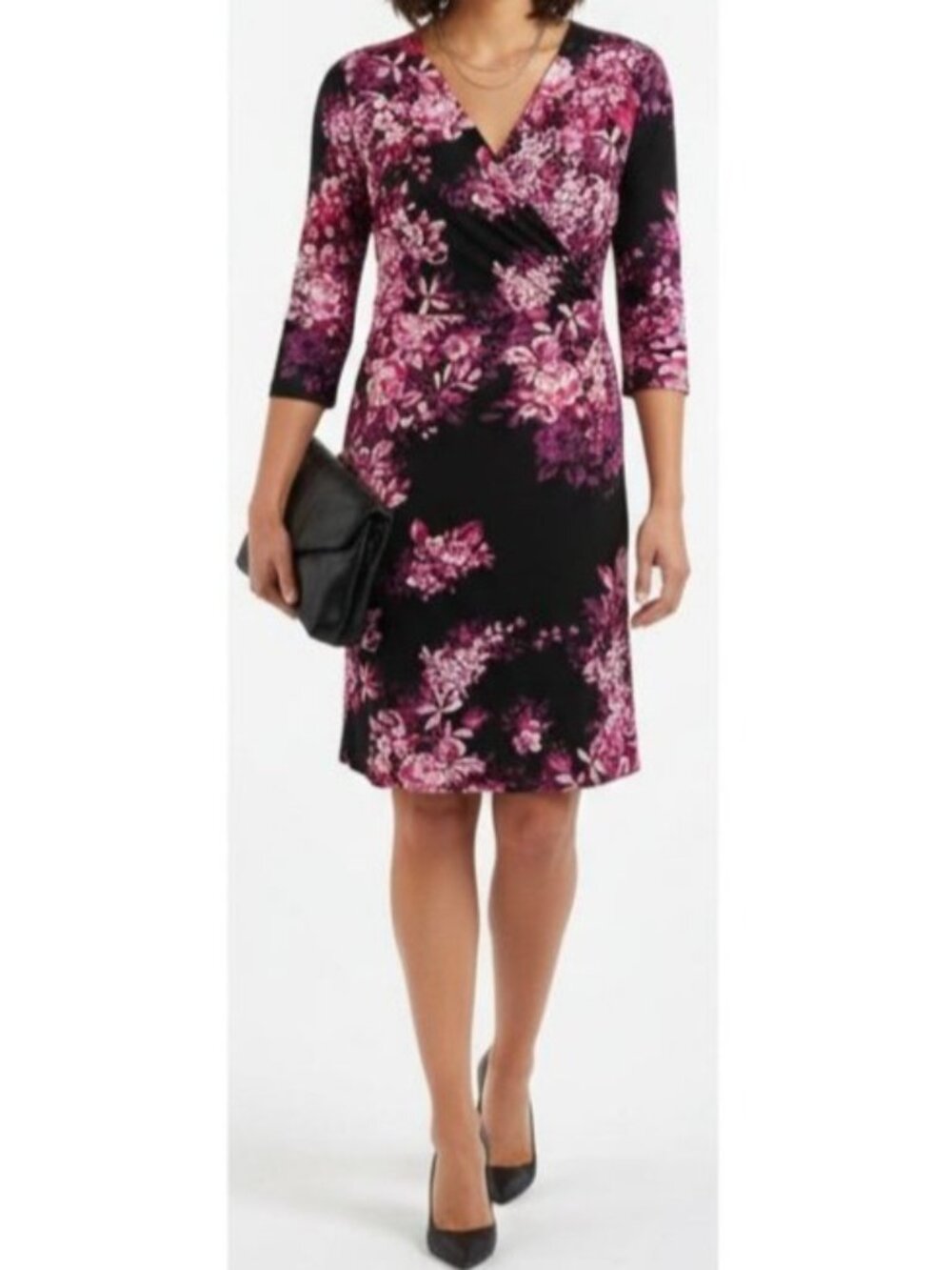 NY Collection Dress Womens XL Black Fuchsia Floral Faux Wrap Jersey 3/4 Sleeve